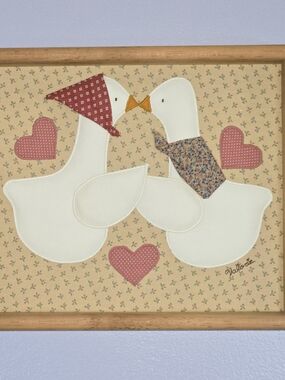 Valorie Sockwell Quilted Appliqué Goose Kissing Couple Framed Vintage Folk Art